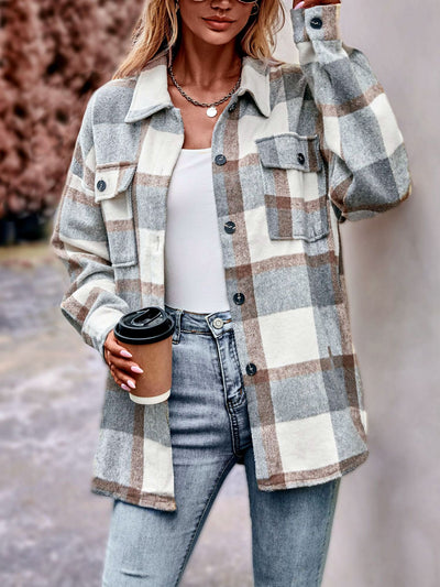 Autumn and Winter Casual Plaid Loose Pocket Coat