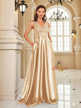 Deep V-neck Satin Sequins Prom Dress