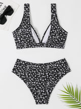 Split High Waist Leaf Printed Bikini