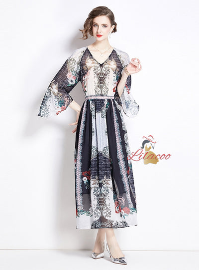 V-neck Printed Chiffon Printed Dress