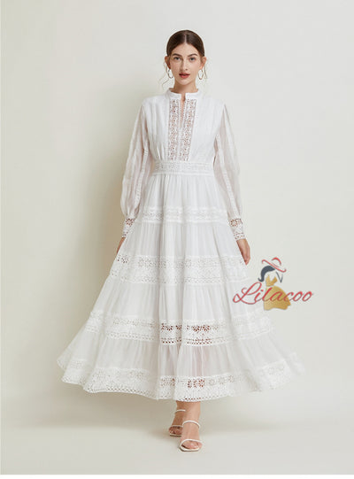 Retro Lace Stitching V-neck Lantern Sleeve Dress