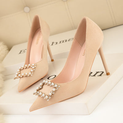 Pointed Pearl Rhinestone Square Buckle Shoes