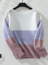 Contrast Color Button Casual Loose Sweater