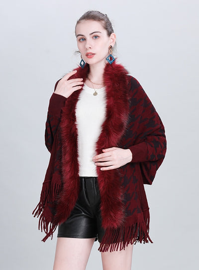 Shawl Houndstooth Fur Collar Fringed Shawl