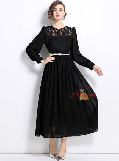 Lace Stitching Chiffon Long Sleeve Dress