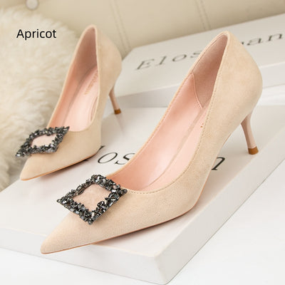 Suede Pointed Diamond Square Buckle Shoes