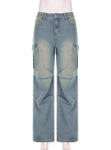 Pleated Low Waist Pocket Straight Jeans