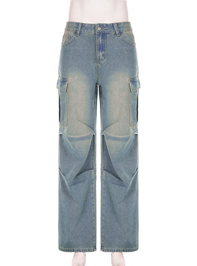 Pleated Low Waist Pocket Straight Jeans