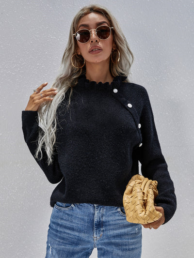 Loose Button V-neck Lotus Leaf Neck Sweater