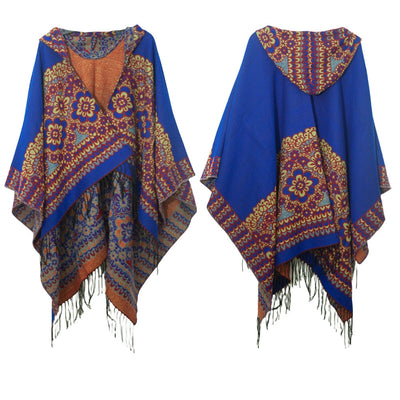 Ethnic Jacquard Hooded Fringed Cloak