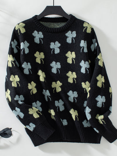 Four-leaf Print Jacquard Loose Long-sleeved Sweater