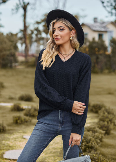 V-neck Loose Casual Long Sleeve T-shirt