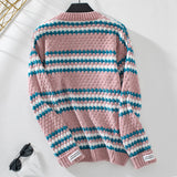 Contrast Striped Round Neck Loose Sweater