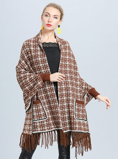 Plaid Loose Mink Bat Sleeve Fringed Shawl