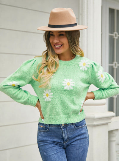 Short Daisy Round Neck Flower Sweater