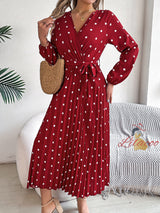 V-neck Pleated Polka Dots Long Dress