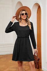 Solid Color Square Neck Long Sleeve Loose Dress