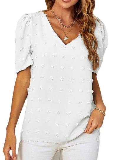 V-neck Chiffon Bubble Sleeve Short Sleeve Shirt