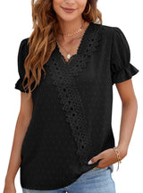 Chiffon Wool Ball Lace V-neck Short Sleeve Shirt