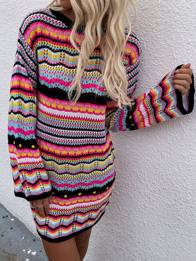 Round Neck Rainbow Striped Pullover Sweater