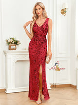 Red Mermaid Sequins V-neck Prom Dress