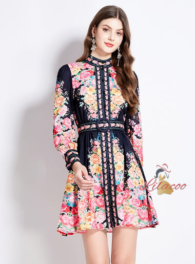 Retro Palace Stand-up Collar Breasted Lantern Sleeve Dress