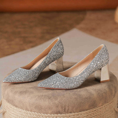 Rhinestone Sequined Thick-heeled Pointed High Heels