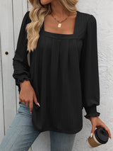 Bubble Sleeve Square Neck Pleated Long Sleeve T-shirt