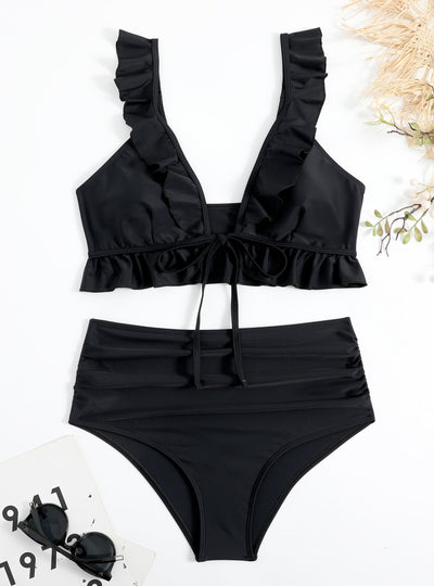 Women Split Pleated Ruffled Bikini