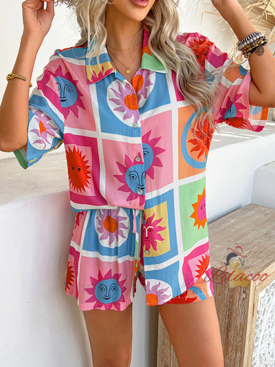 Bohemian Print Top Short Pants Suit