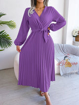 Cross V-neck Pleated Long Sleeve Dress