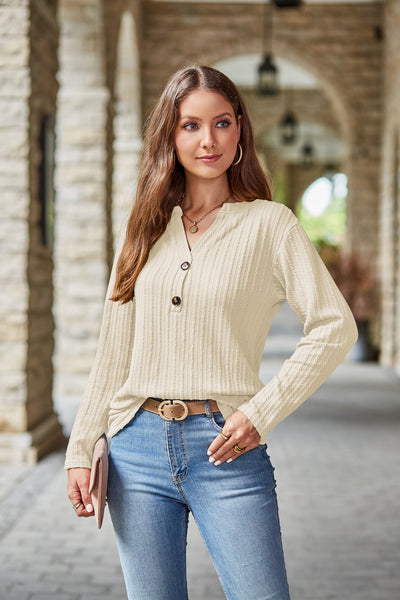 Casual V-neck Button Knitted Twist Long Sleeve T-shirt