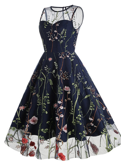 Round Neck Sleeveless Embroidered 50S Dress