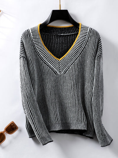 Casual Pullover Loose V-neck Striped Sweater