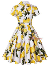 Retro Lapel Short Sleeve Lemon Printed Dress