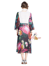 Positioning Printed Stitching Pleated Big Swing Dress