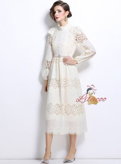 Slim-fit Stitching Lace Dress with Pearl Belt