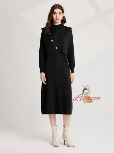 Semi-high Neck Knitted Vest+Long Sleeve Dress Two-piece Suit