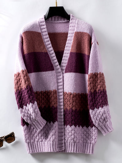 Cardigan Loose Lantern Sleeve Striped Sweater