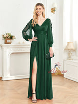 Long Sleeve Slit V-neck Prom Dress