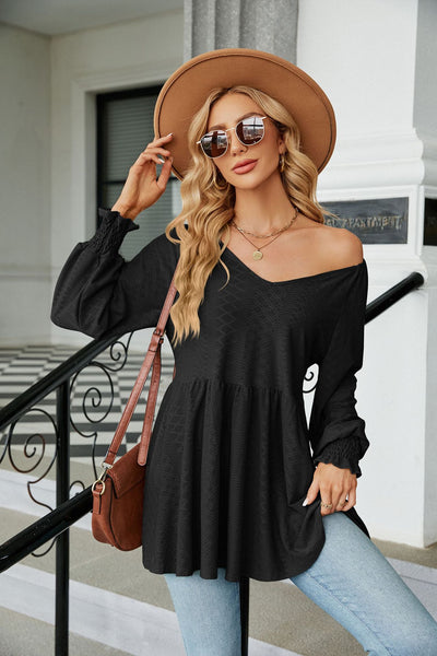 Stitching V-neck Jacquard Long-sleeved T-shirt