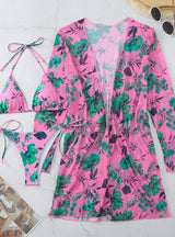 Flower Print Blouses Beach Swimsuit Three-piece Suit