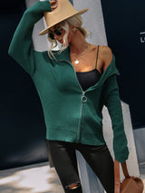 High Neck Solid Color Zipper Sweater Coat