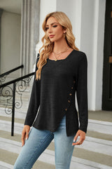 Square Neck Button Split Loose Long Sleeve T-shirt