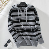 Striped Pullover Hooded Drawstring Knit Top Sweater