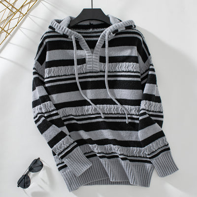 Striped Pullover Hooded Drawstring Knit Top Sweater