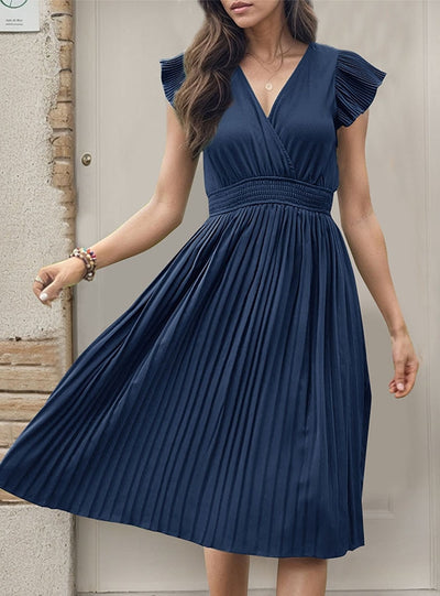 V-neck High Waist Pleated Dress