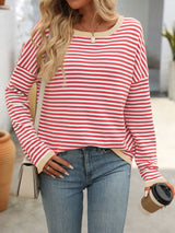 Round Neck Striped Contrast Long Sleeve Sweater