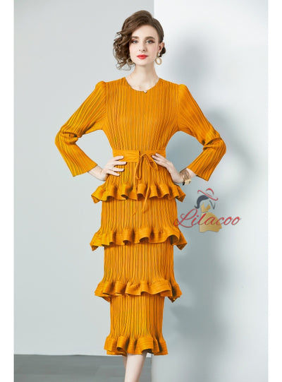 Ruffled Pleated Long Sleeve Slim Dress