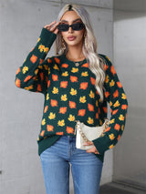 Leaves Print Christmas Crewneck Sweater